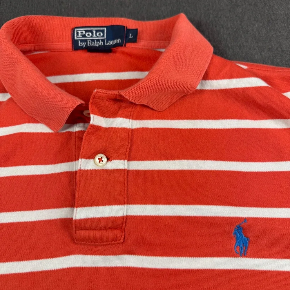 Polo Ralph Lauren Mens Large Orange White Striped Short Sleeve Cotton Polo Shirt